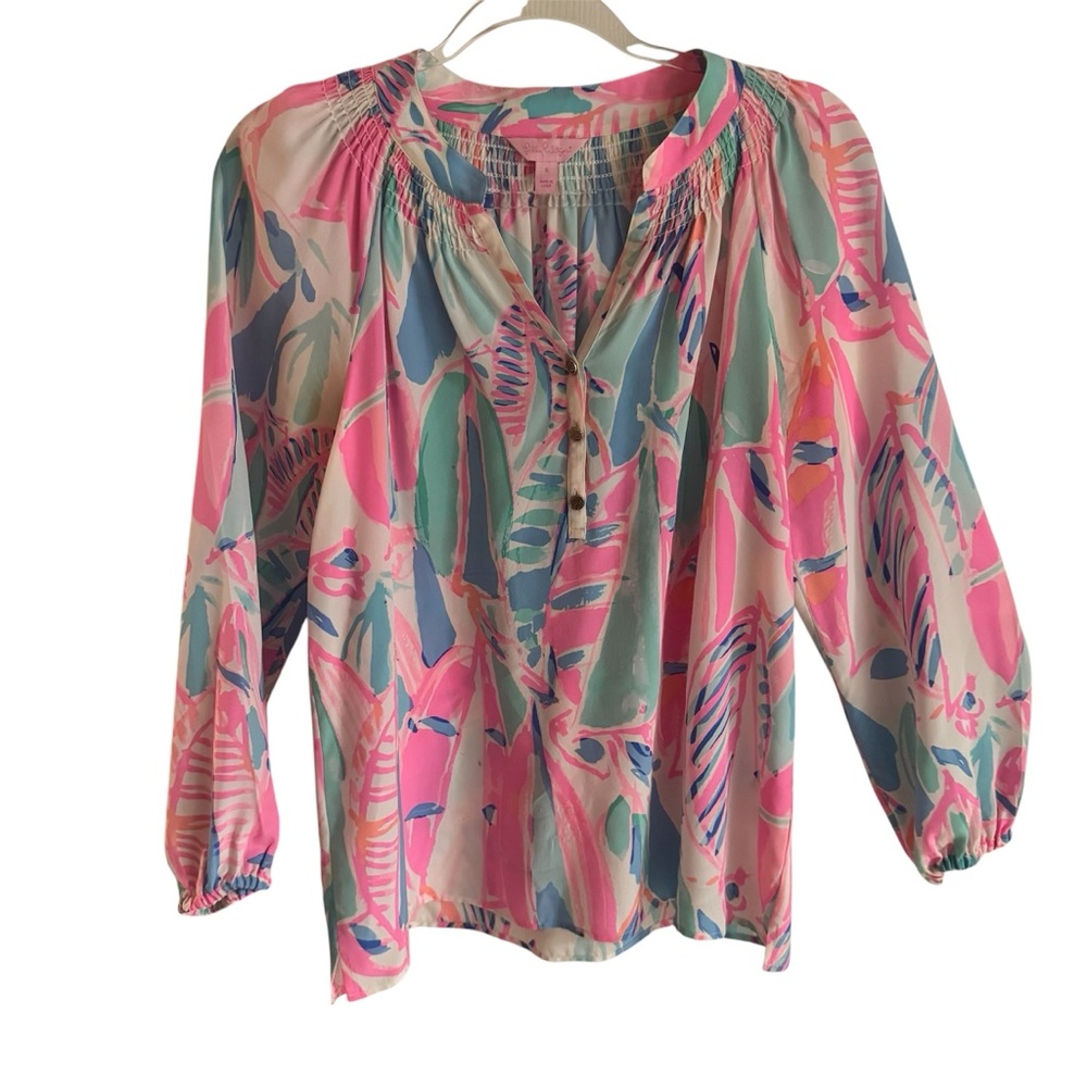 Lilly Pulitzer Womens Silk Elsa Blouse Sz S Out to Sea Resort Preppy